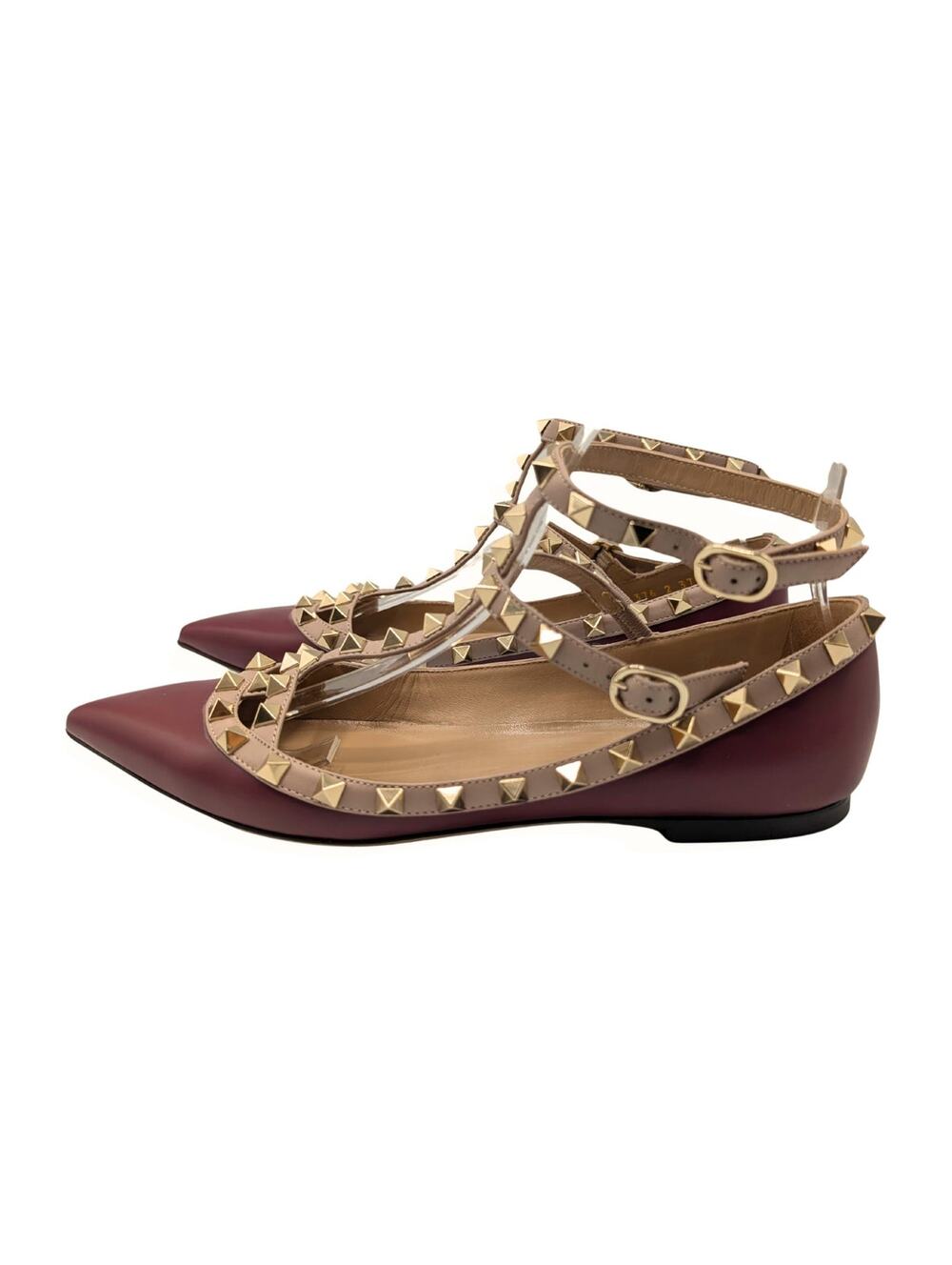 Valentino Garavani Burgundy/Beige Leather Rockstud Caged Ankle Strap Flats 37.5